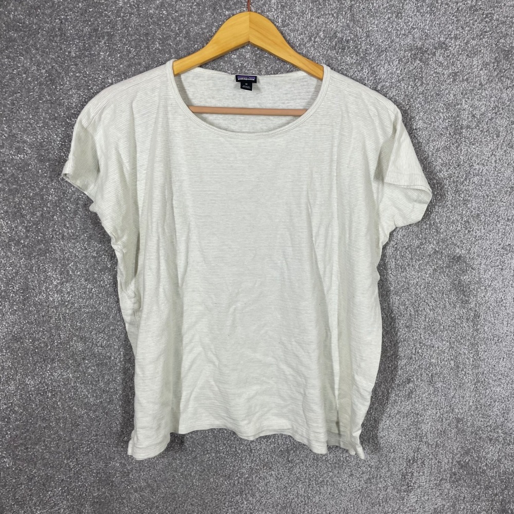 Patagonia T Shirt Womens Medium Hemp Organic Cotton Cream Striped Trail Harbor